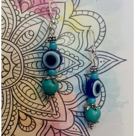 EVIL EYE WARD EARRINGS, Turquoise Magnesite, Bali-Style Accents SMALL SIZE - Picture 3 of 7